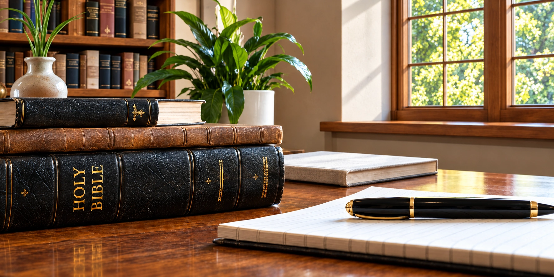 A black Holy Bible, its title running along the spine, beside study books, a notebook, and a pen